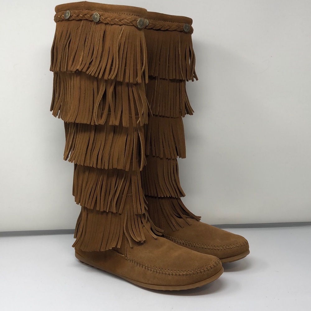 Minnetonka Boots Women’s Sz 9 Five Tier Fringe Tall Moccasin Side Zip Round Toe